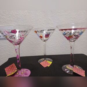 LuLu By 2 Saints - NWT, Set Of 3, Happy Birthday Cocktail Glasses, Hand Painted